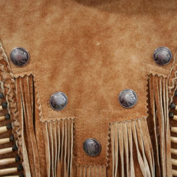 Tribe America Tan Genuine Suede Leather, Fringe along the yoke and sleeves Sz 10 - Picture 11 of 14